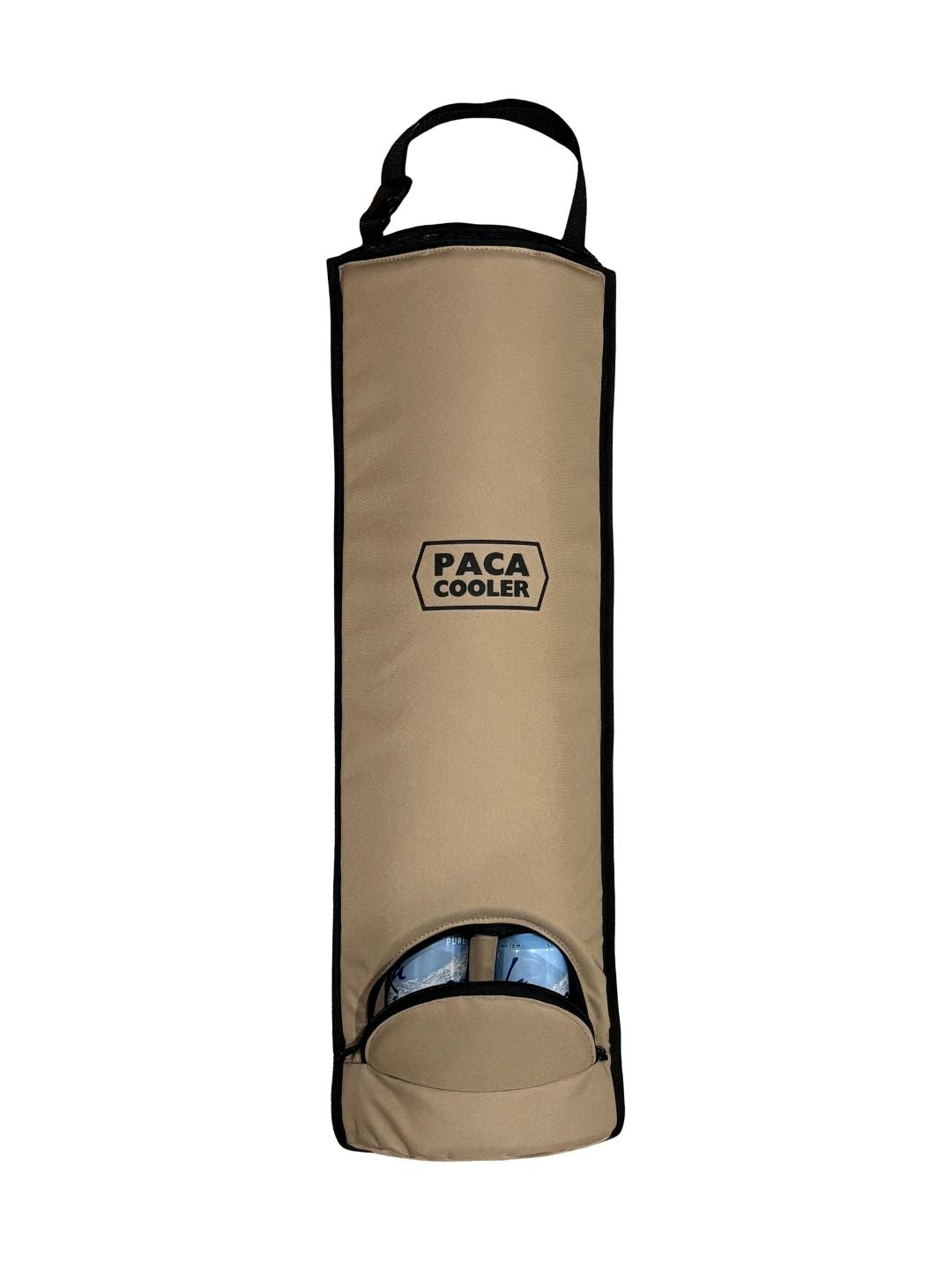 Tan Paca Cooler loaded with cans. The best pontoon boat cooler on the market. Convenience meets practicality with the Paca Cooler.