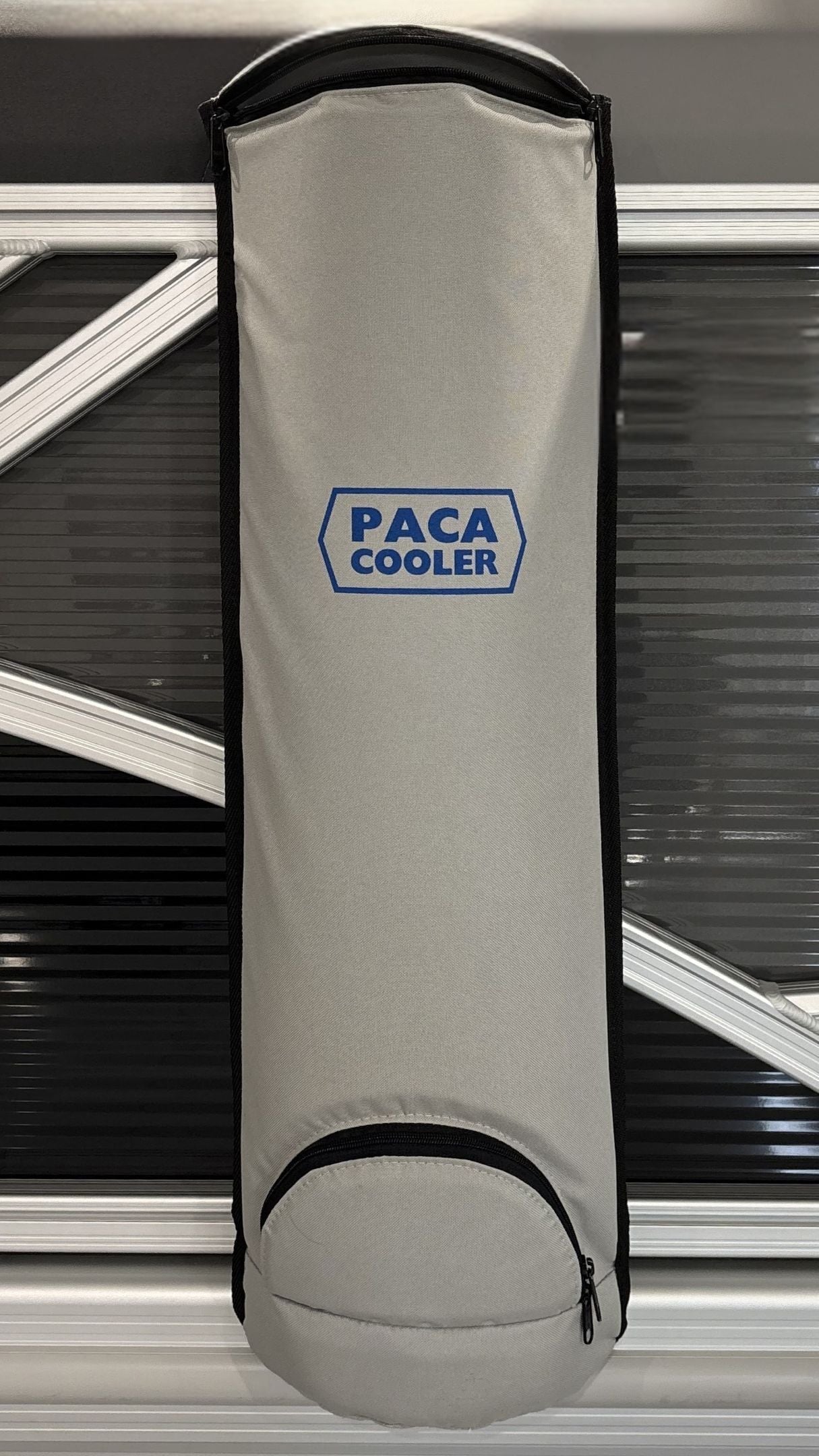 New Paca Cooler on a gray Pontoon boat. Top opening for loading is unzipped in this photo. Best pontoon boat cooler.